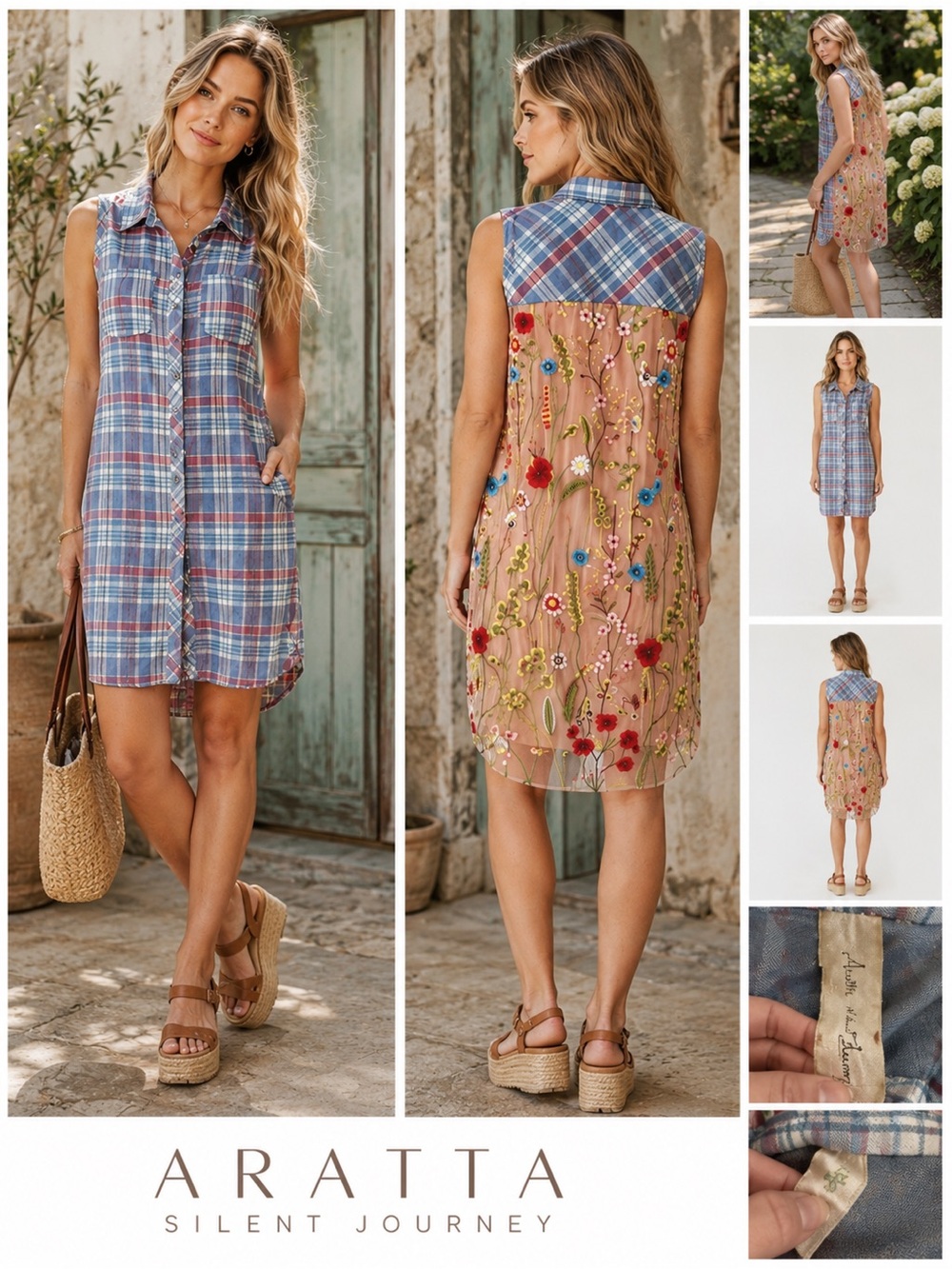 ARATTA SILENT JOURNEY ROMANTIC WESTERN PLAID FLORAL LACE TUNIC DRESS SZ S - Picture 2 of 11